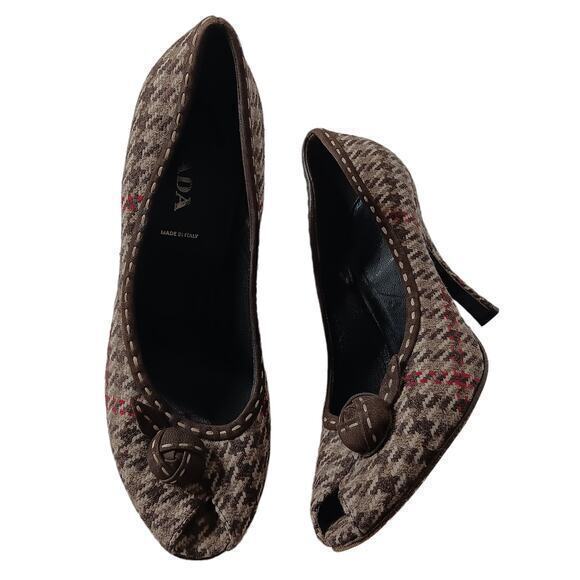 PRADA Houndstooth Fabric Heels Pumps Shoes Size 37.5 Peep Toe Brown Red Wool - Picture 10 of 11
